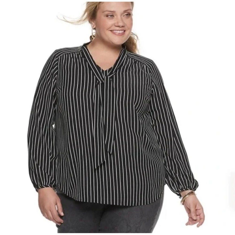 Evri Black & White Striped Long Sleeve Blouse Size 4X <3